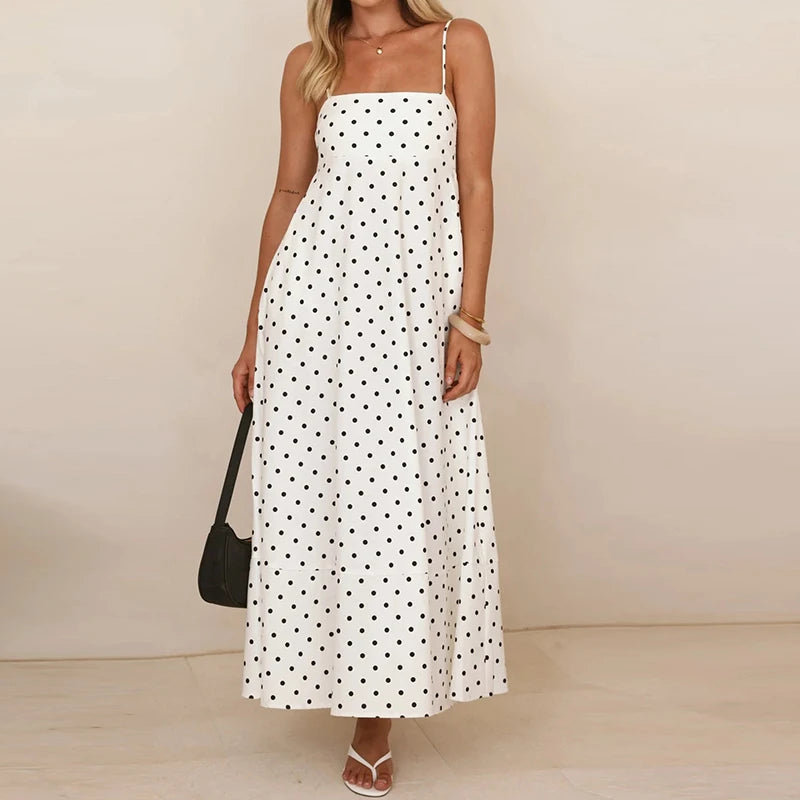 Damen Maxikleid mit Polka Dots und Spaghettiträgern-Maxi Dress-Alpenkind