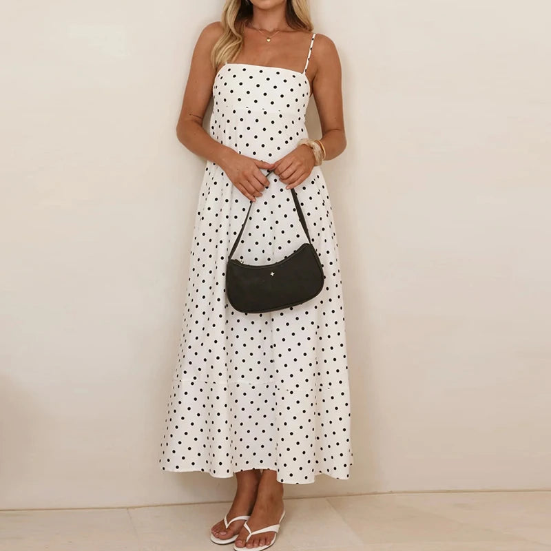 Damen Maxikleid mit Polka Dots und Spaghettiträgern-Maxi Dress-Alpenkind
