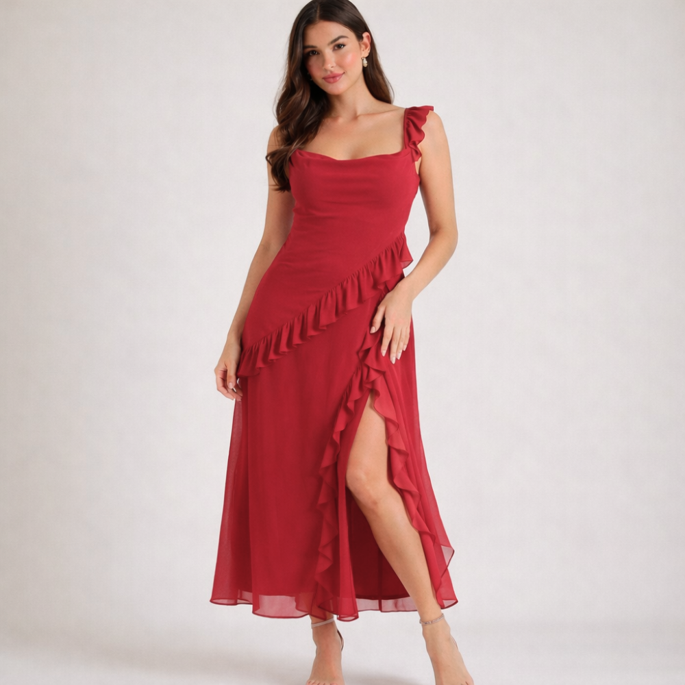 Damen Maxikleid mit Riemen und Rüschenbesatz-Maxi Dress-Alpenkind