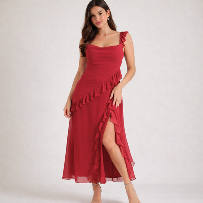 Damen Maxikleid mit Riemen und Rüschenbesatz-Maxi Dress-Alpenkind