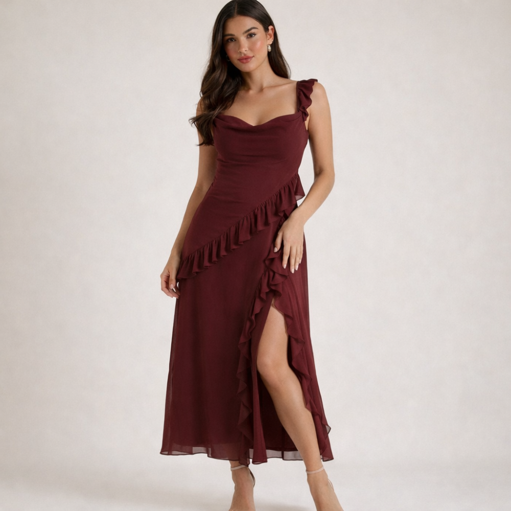Damen Maxikleid mit Riemen und Rüschenbesatz-Maxi Dress-Alpenkind