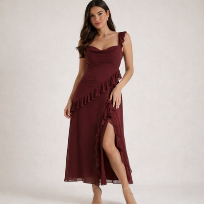 Damen Maxikleid mit Riemen und Rüschenbesatz-Maxi Dress-Alpenkind