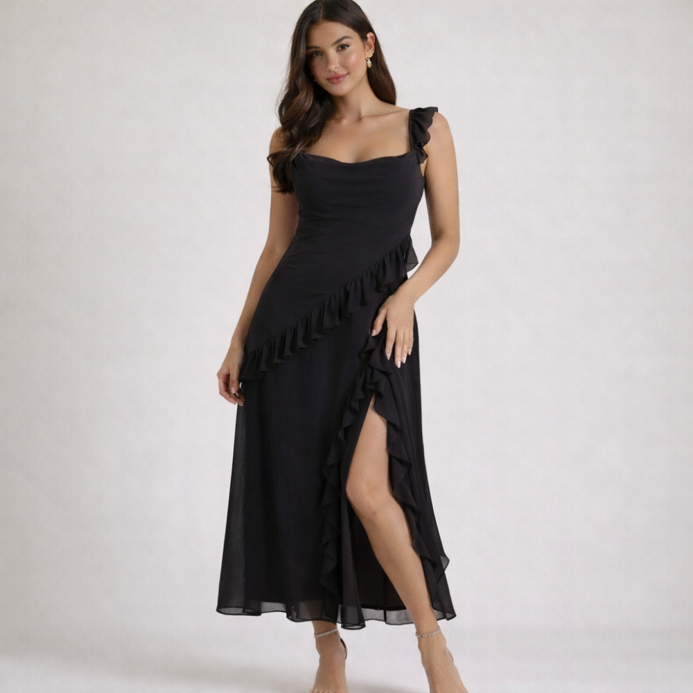 Damen Maxikleid mit Riemen und Rüschenbesatz-Maxi Dress-Alpenkind