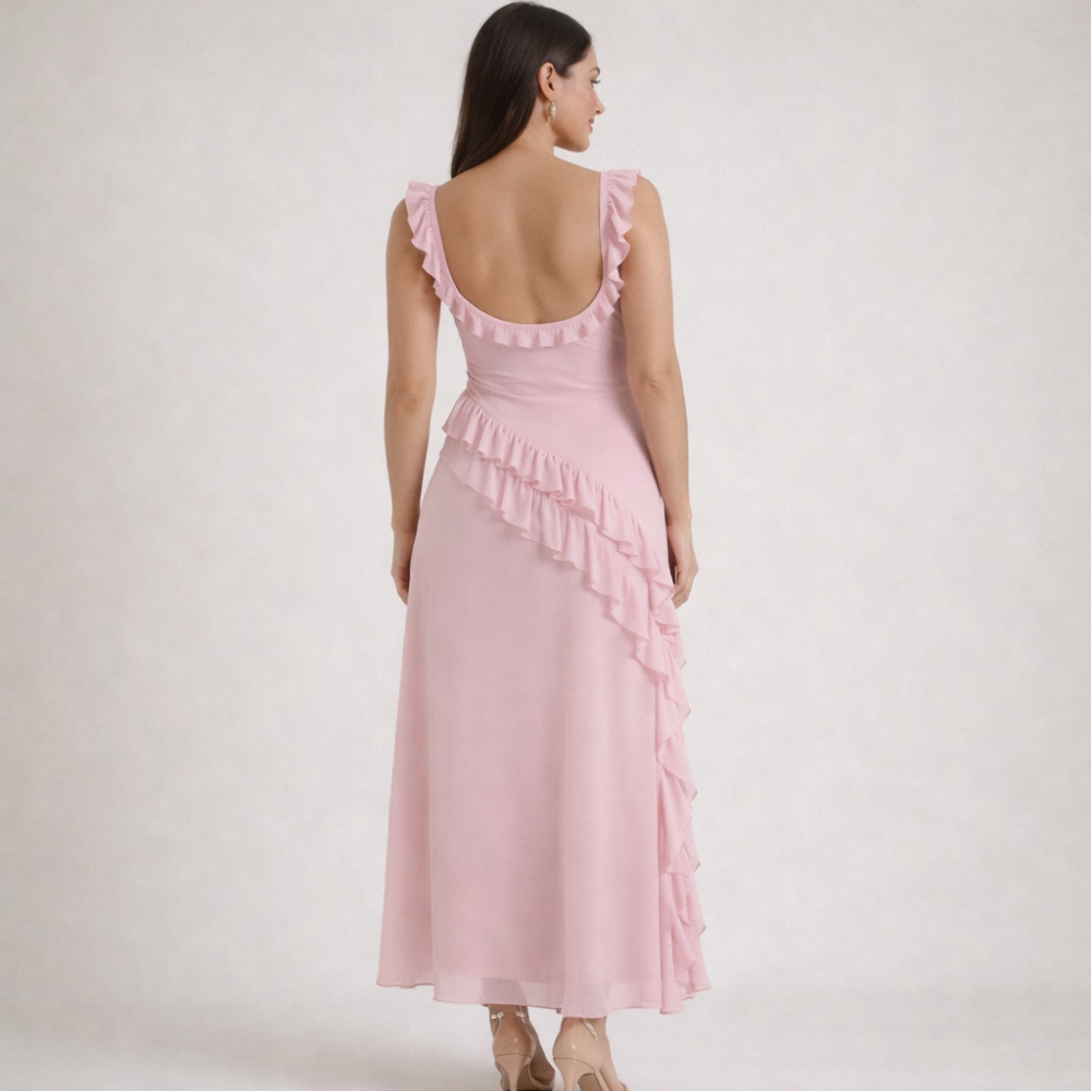 Damen Maxikleid mit Riemen und Rüschenbesatz-Maxi Dress-Alpenkind