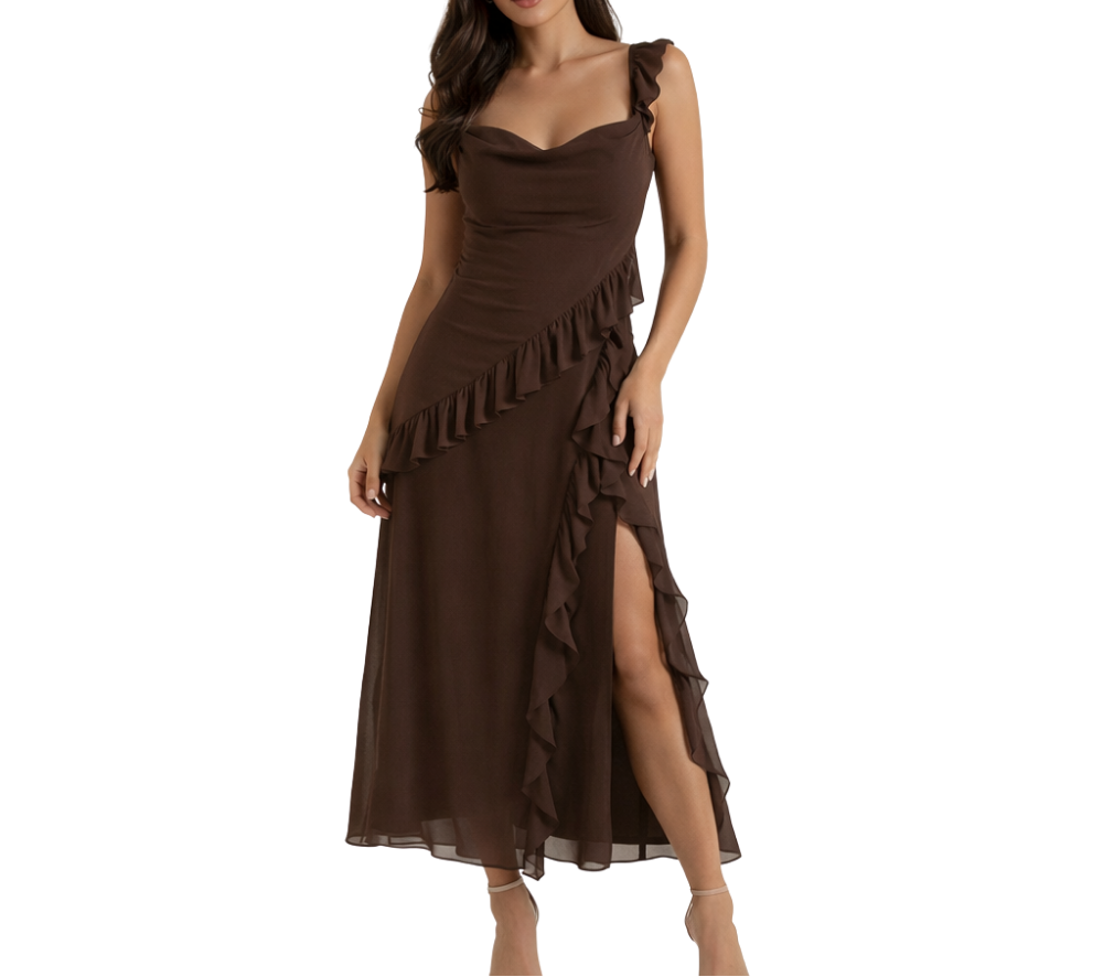 Damen Maxikleid mit Riemen und Rüschenbesatz-Maxi Dress-Alpenkind