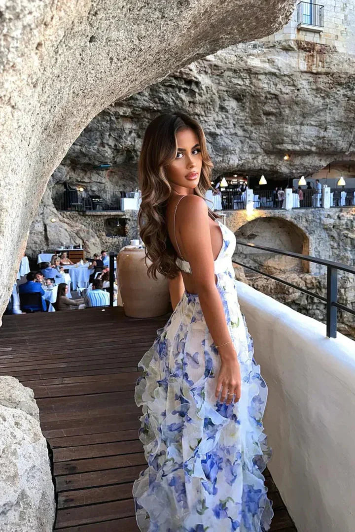 Damen Maxikleid mit schmalen Trägern, Blumenmuster und Rüschenrock