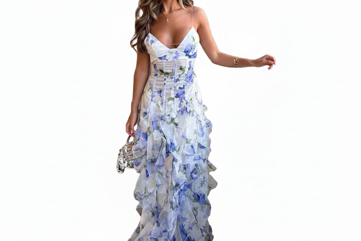 Damen Maxikleid mit schmalen Trägern, Blumenmuster und Rüschenrock