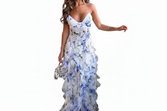 Damen Maxikleid mit schmalen Trägern, Blumenmuster und Rüschenrock