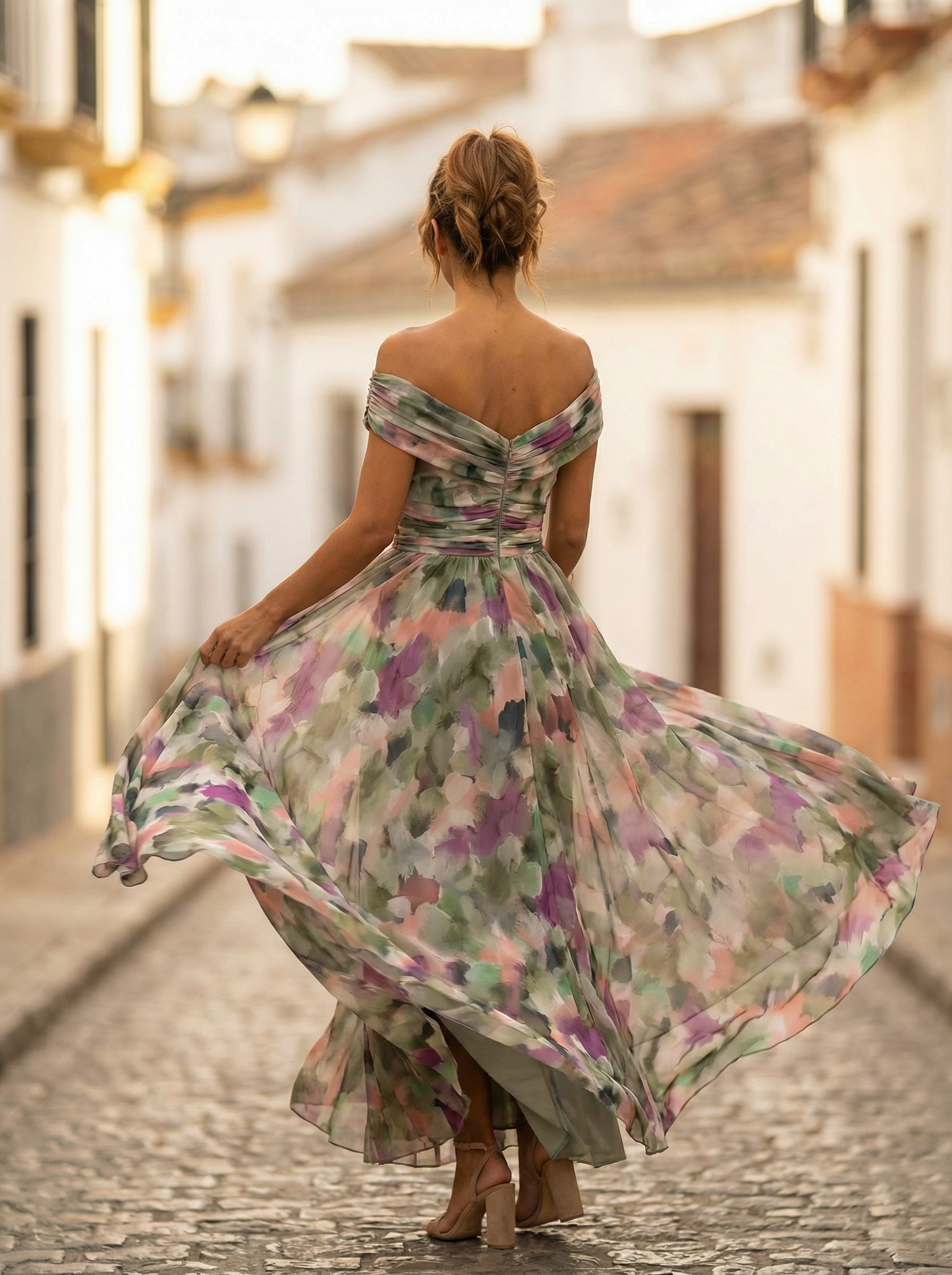 Damen-Maxikleid mit schulterfreiem Ausschnitt und geraffter Taille-Maxi Dress-Alpenkind