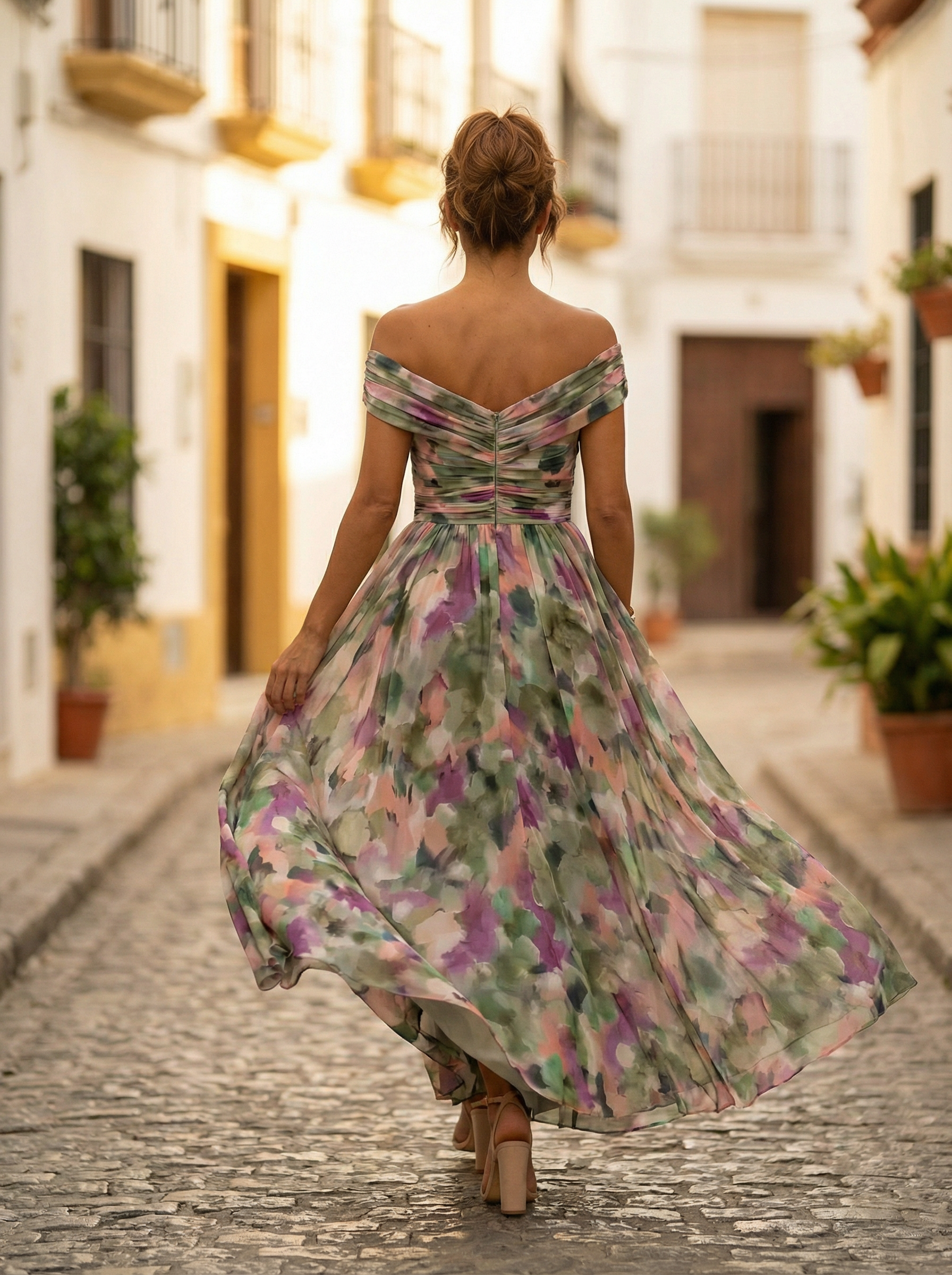 Damen-Maxikleid mit schulterfreiem Ausschnitt und geraffter Taille-Maxi Dress-Alpenkind