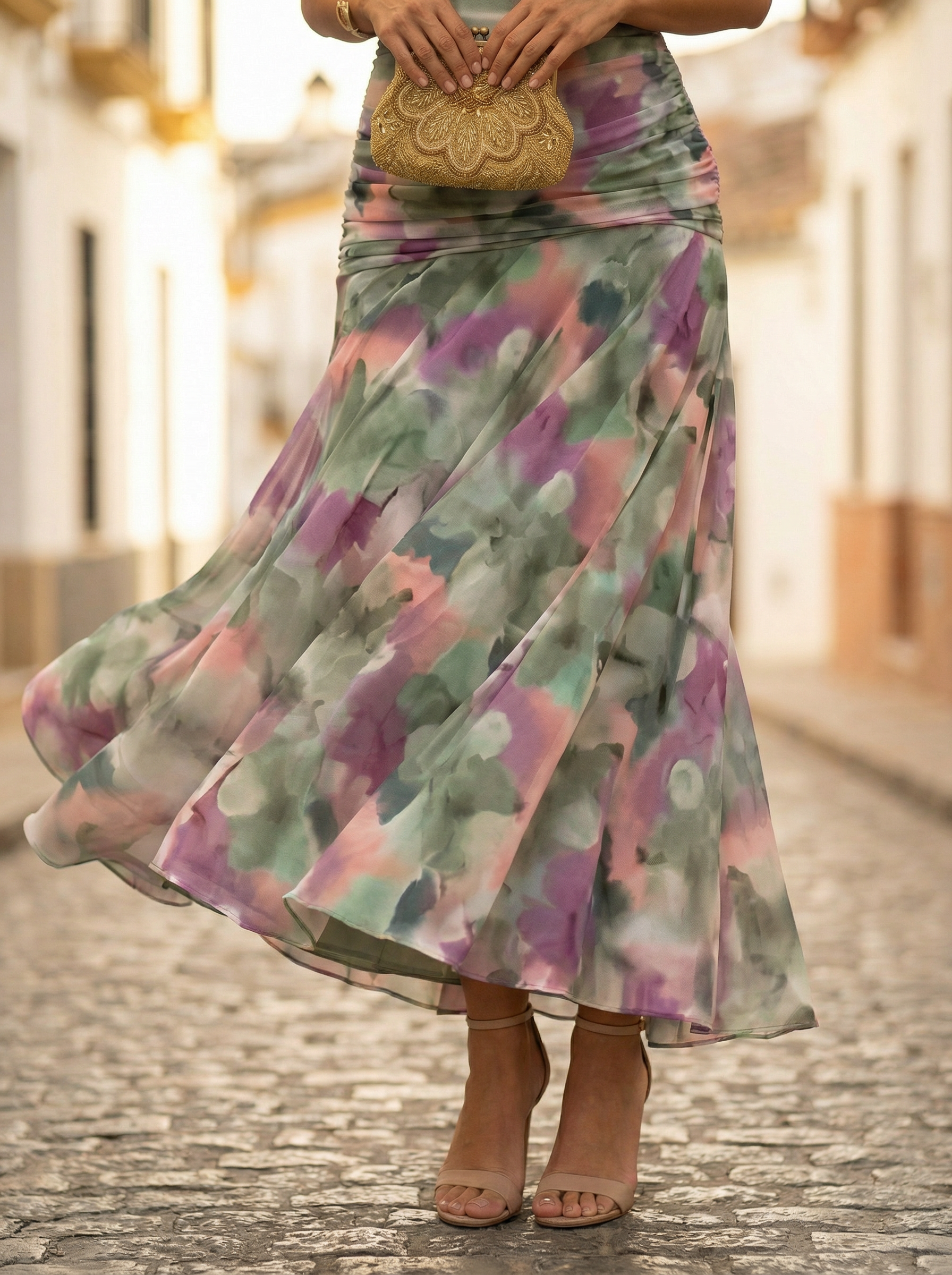 Damen-Maxikleid mit schulterfreiem Ausschnitt und geraffter Taille-Maxi Dress-Alpenkind