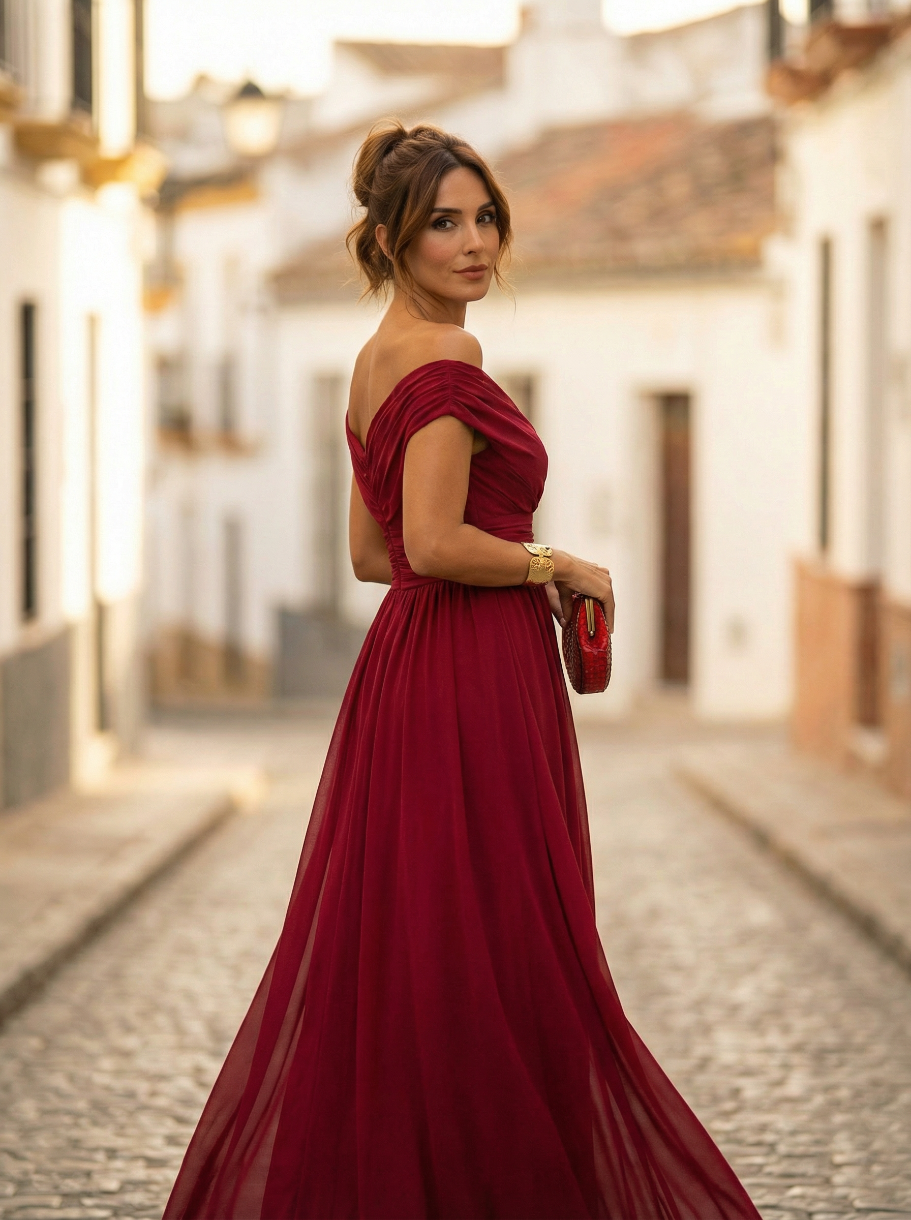 Damen-Maxikleid mit schulterfreiem Ausschnitt und geraffter Taille-Maxi Dress-Alpenkind