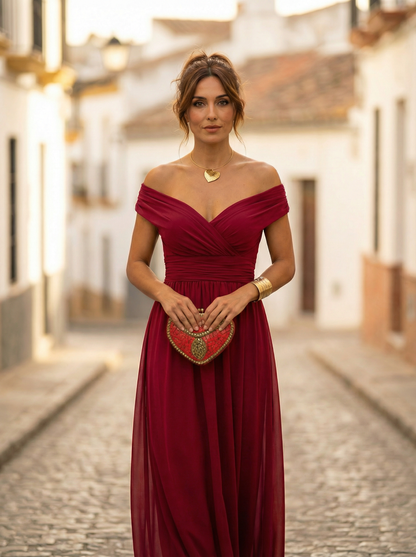 Damen-Maxikleid mit schulterfreiem Ausschnitt und geraffter Taille-Maxi Dress-Alpenkind