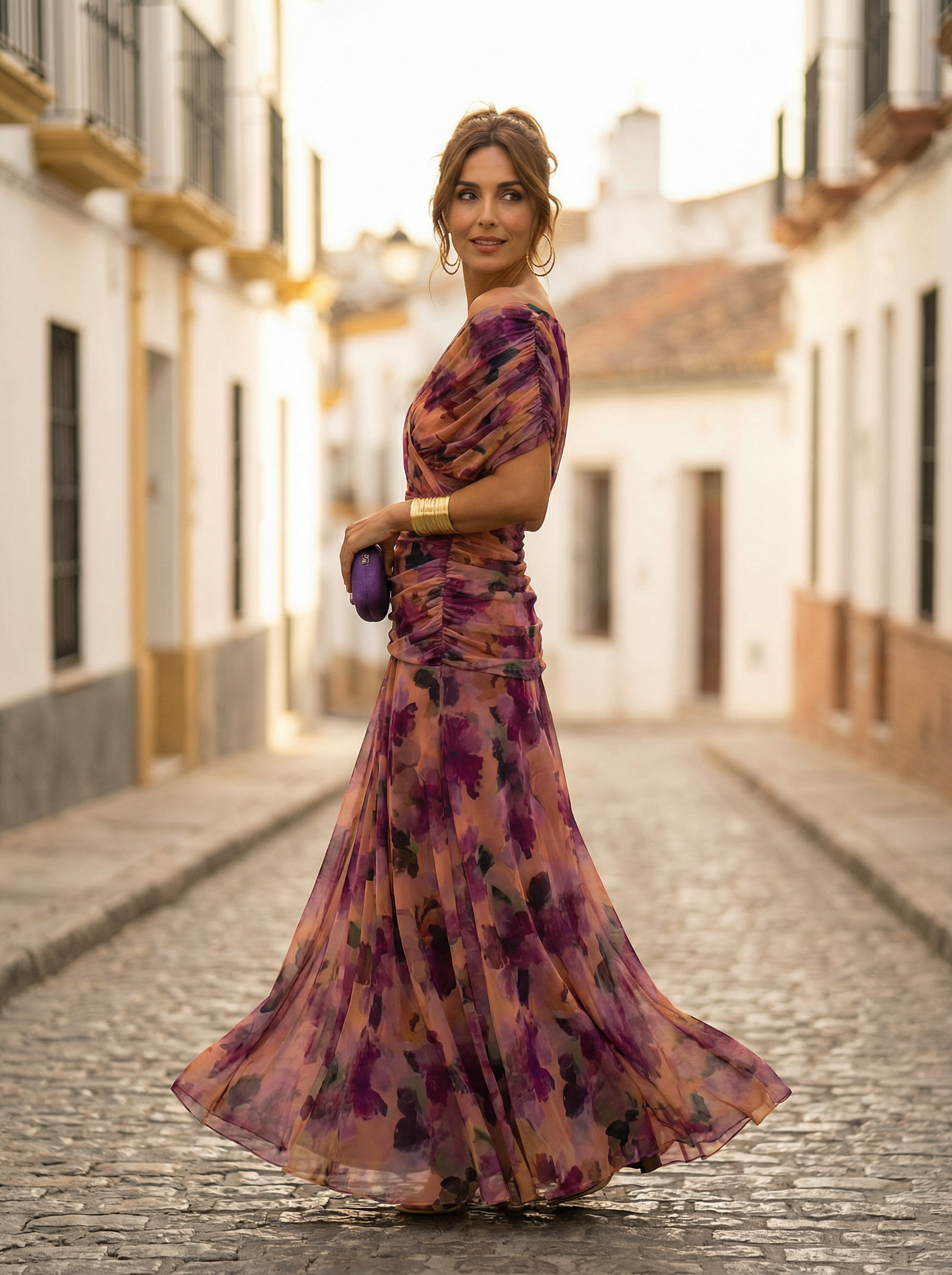 Damen-Maxikleid mit schulterfreiem Ausschnitt und geraffter Taille-Maxi Dress-Alpenkind