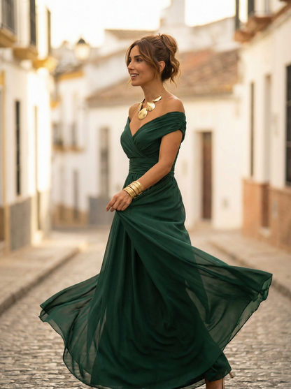 Damen-Maxikleid mit schulterfreiem Ausschnitt und geraffter Taille-Maxi Dress-Alpenkind