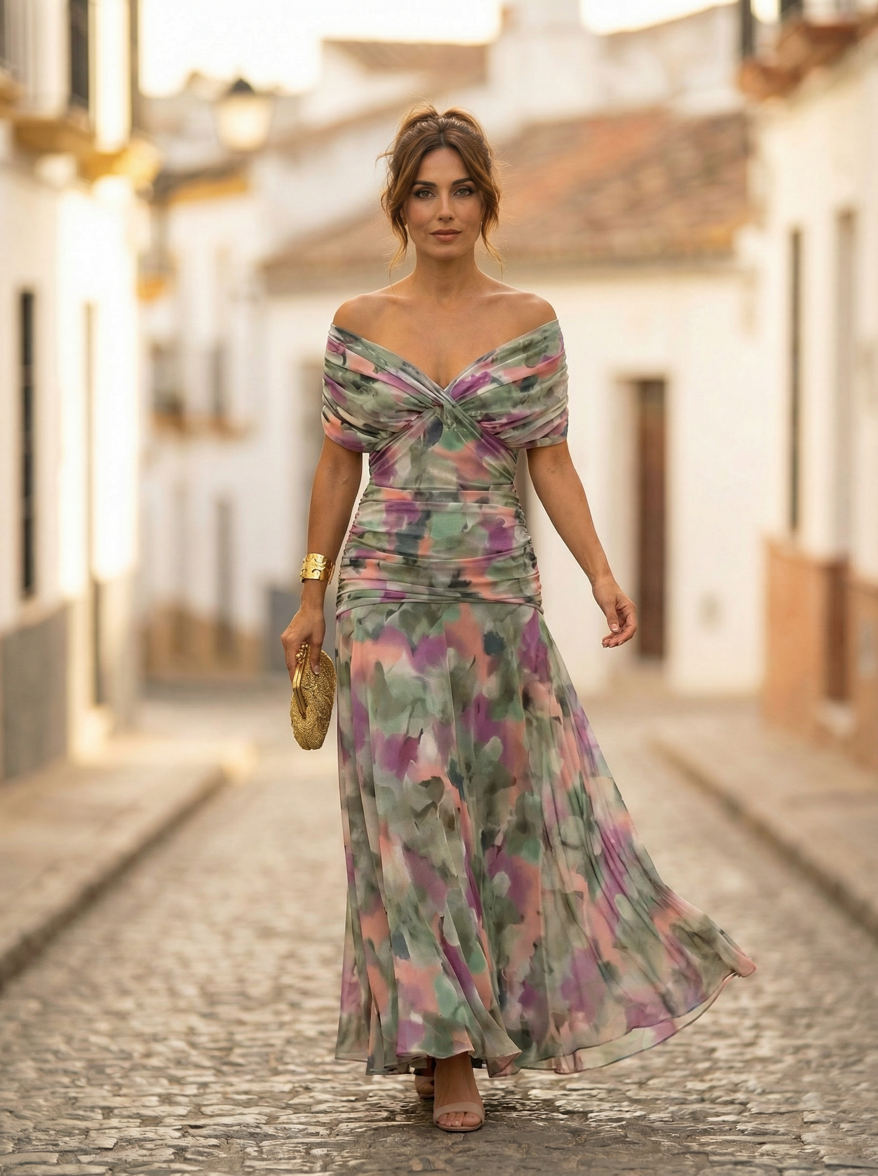 Damen-Maxikleid mit schulterfreiem Ausschnitt und geraffter Taille-Maxi Dress-Alpenkind