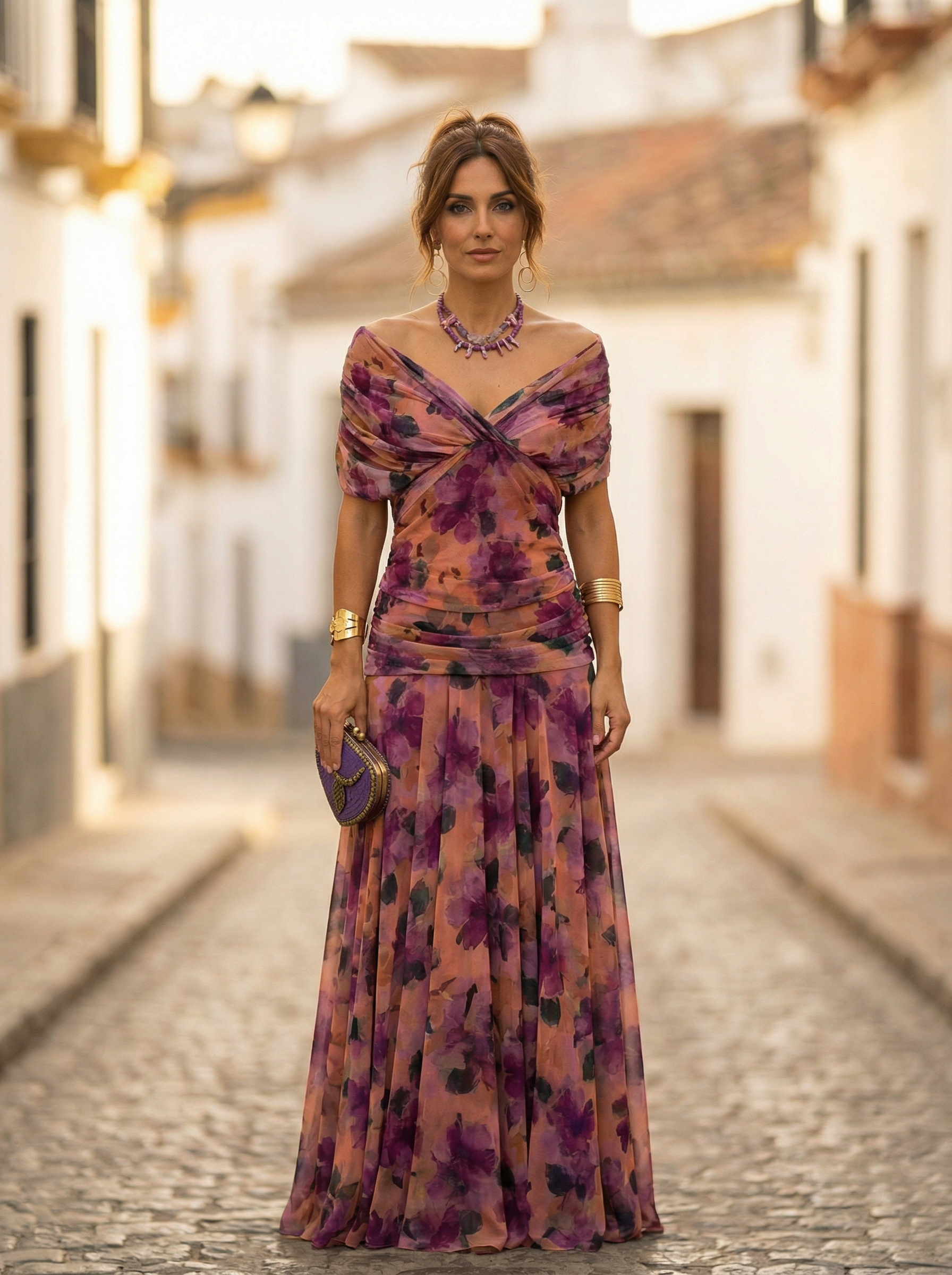 Damen-Maxikleid mit schulterfreiem Ausschnitt und geraffter Taille-Maxi Dress-Alpenkind