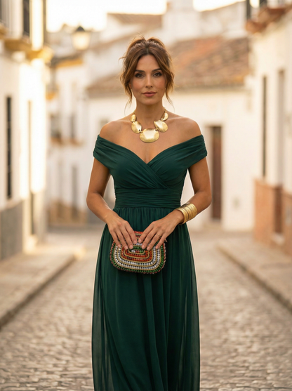 Damen-Maxikleid mit schulterfreiem Ausschnitt und geraffter Taille-Maxi Dress-Alpenkind