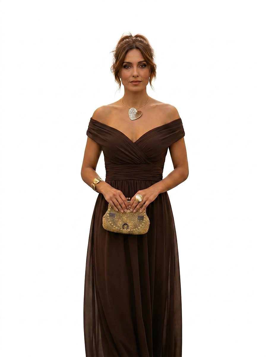 Damen-Maxikleid mit schulterfreiem Ausschnitt und geraffter Taille-Maxi Dress-Alpenkind