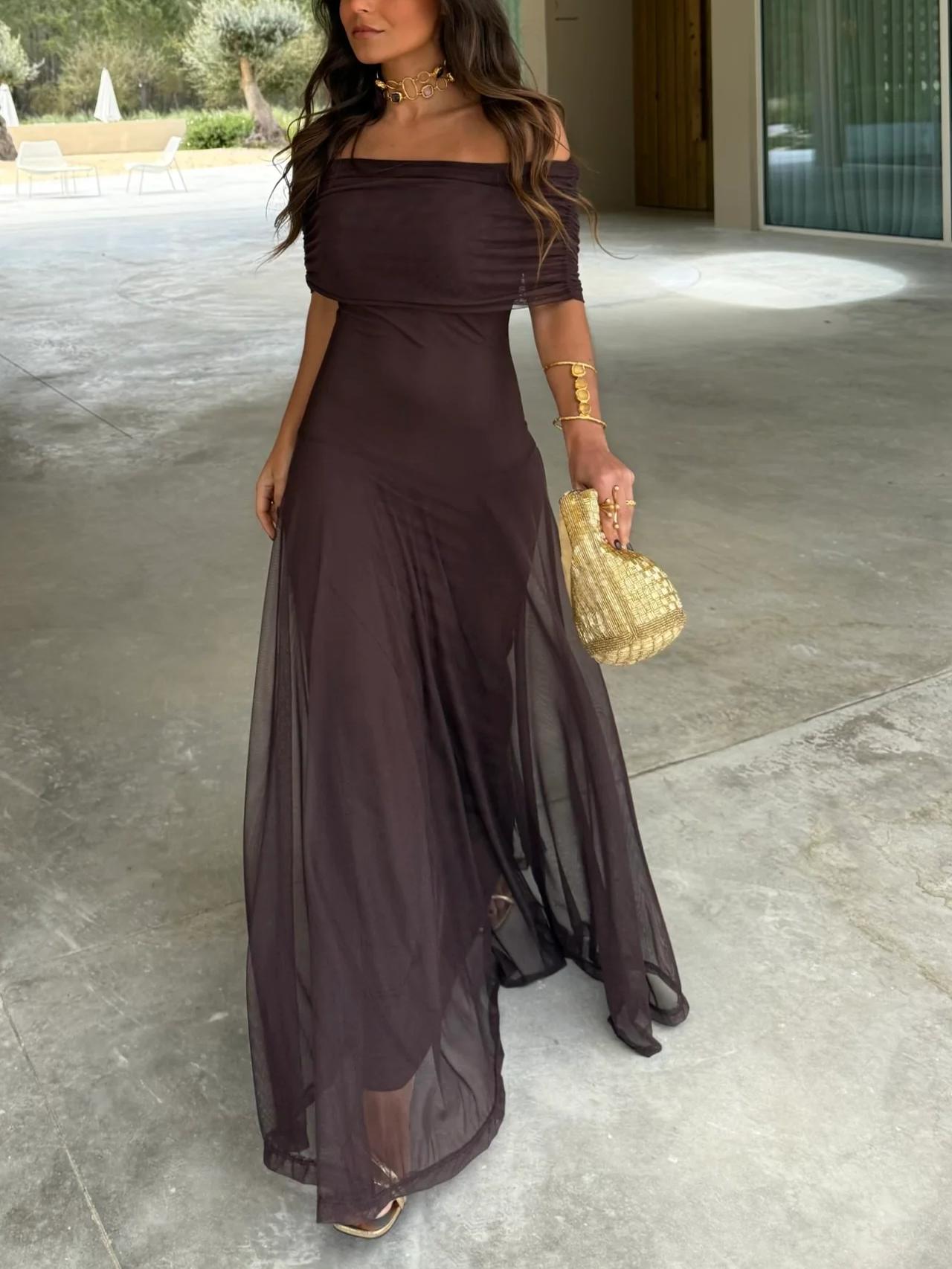 Damen-Maxikleid mit schulterfreiem Mesh-Overlay-Maxi Dress-Alpenkind