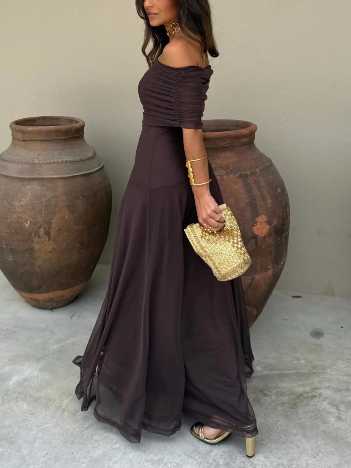 Damen-Maxikleid mit schulterfreiem Mesh-Overlay-Maxi Dress-Alpenkind