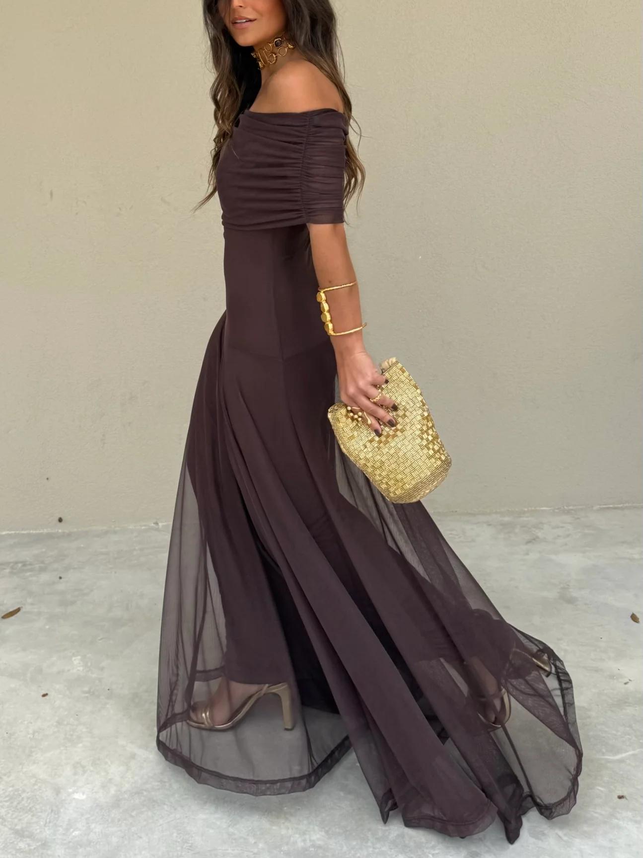 Damen-Maxikleid mit schulterfreiem Mesh-Overlay-Maxi Dress-Alpenkind