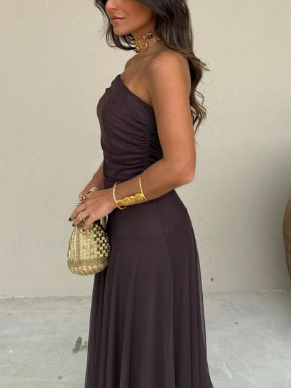 Damen-Maxikleid mit schulterfreiem Mesh-Overlay-Maxi Dress-Alpenkind