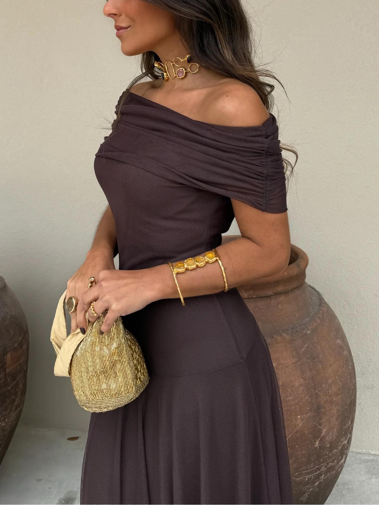 Damen-Maxikleid mit schulterfreiem Mesh-Overlay-Maxi Dress-Alpenkind