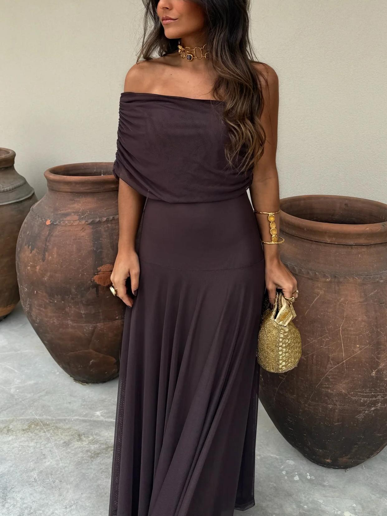 Damen-Maxikleid mit schulterfreiem Mesh-Overlay-Maxi Dress-Alpenkind