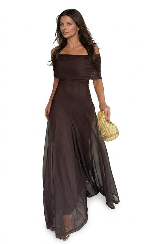 Damen-Maxikleid mit schulterfreiem Mesh-Overlay-Maxi Dress-Alpenkind