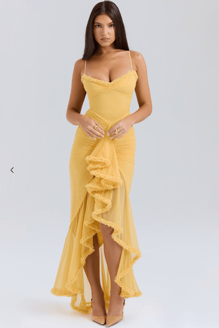 Damen Maxikleid mit Spaghettiträgern und Rüschensaum-Maxi Dress-Alpenkind