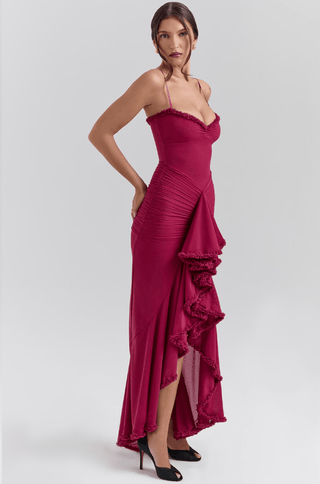 Damen Maxikleid mit Spaghettiträgern und Rüschensaum-Maxi Dress-Alpenkind