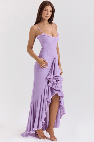 Damen Maxikleid mit Spaghettiträgern und Rüschensaum-Maxi Dress-Alpenkind