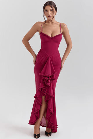 Damen Maxikleid mit Spaghettiträgern und Rüschensaum-Maxi Dress-Alpenkind