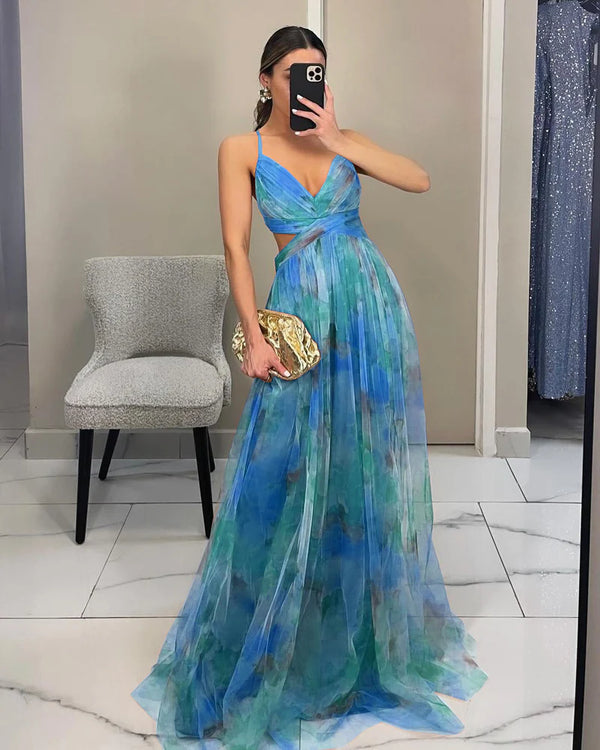 Damen Maxikleid mit Spaghettiträgern, Wickeloberteil und Taillenausschnitt-Maxi Dress-Alpenkind