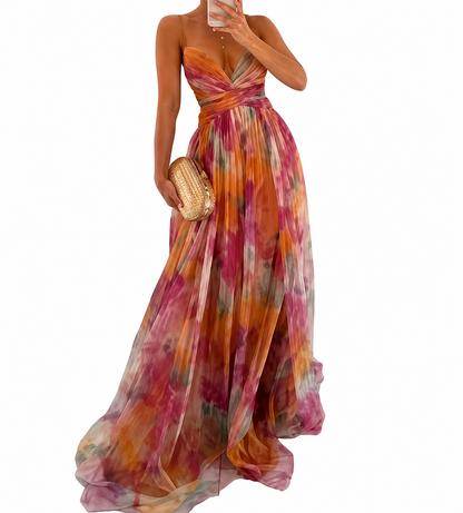 Damen Maxikleid mit Spaghettiträgern, Wickeloberteil und Taillenausschnitt-Maxi Dress-Alpenkind