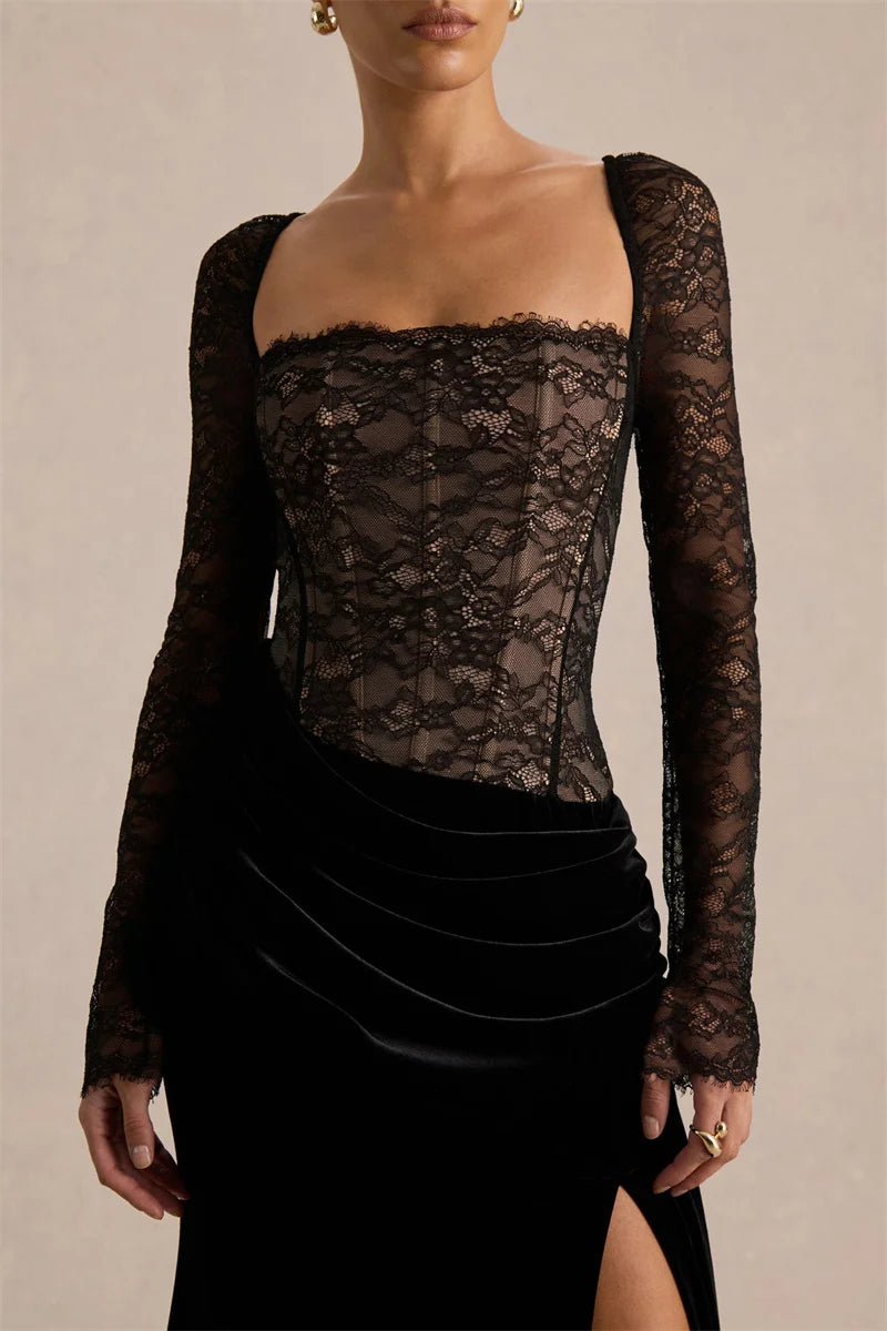 Damen Maxikleid mit Spitzenoberteil und Schlitzrock-Maxi Dress-Alpenkind