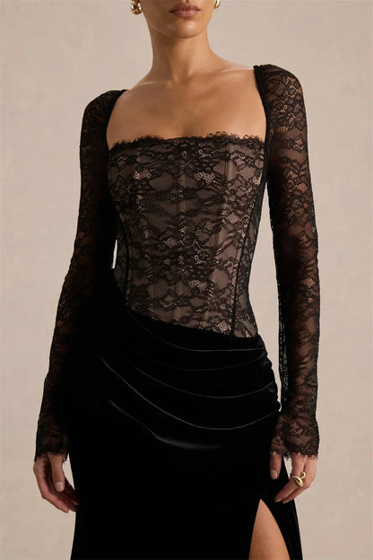 Damen Maxikleid mit Spitzenoberteil und Schlitzrock-Maxi Dress-Alpenkind