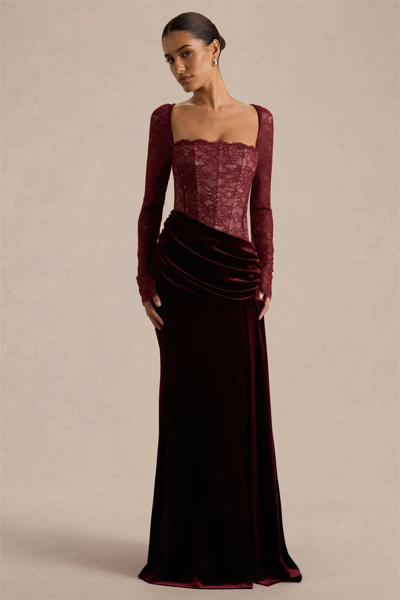 Damen Maxikleid mit Spitzenoberteil und Schlitzrock-Maxi Dress-Alpenkind