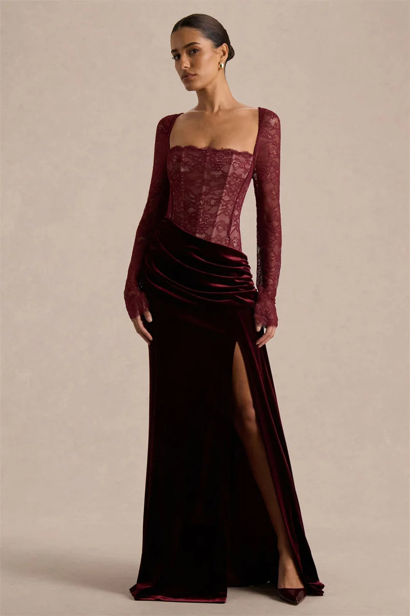 Damen Maxikleid mit Spitzenoberteil und Schlitzrock-Maxi Dress-Alpenkind