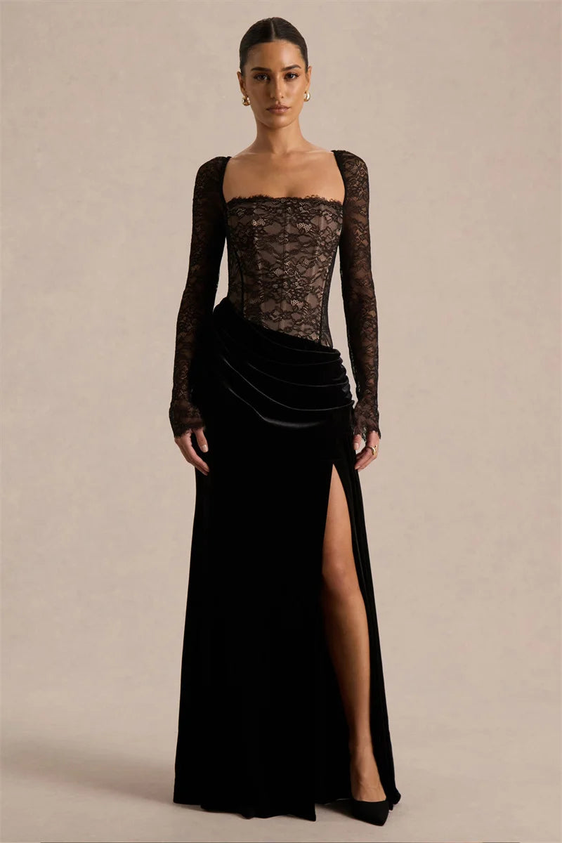 Damen Maxikleid mit Spitzenoberteil und Schlitzrock-Maxi Dress-Alpenkind