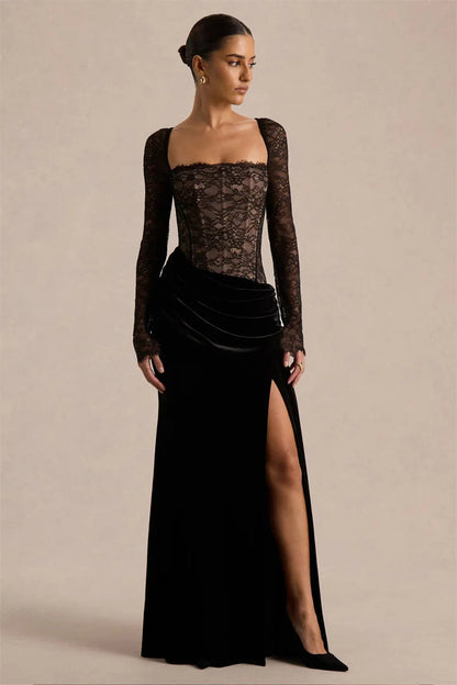 Damen Maxikleid mit Spitzenoberteil und Schlitzrock-Maxi Dress-Alpenkind