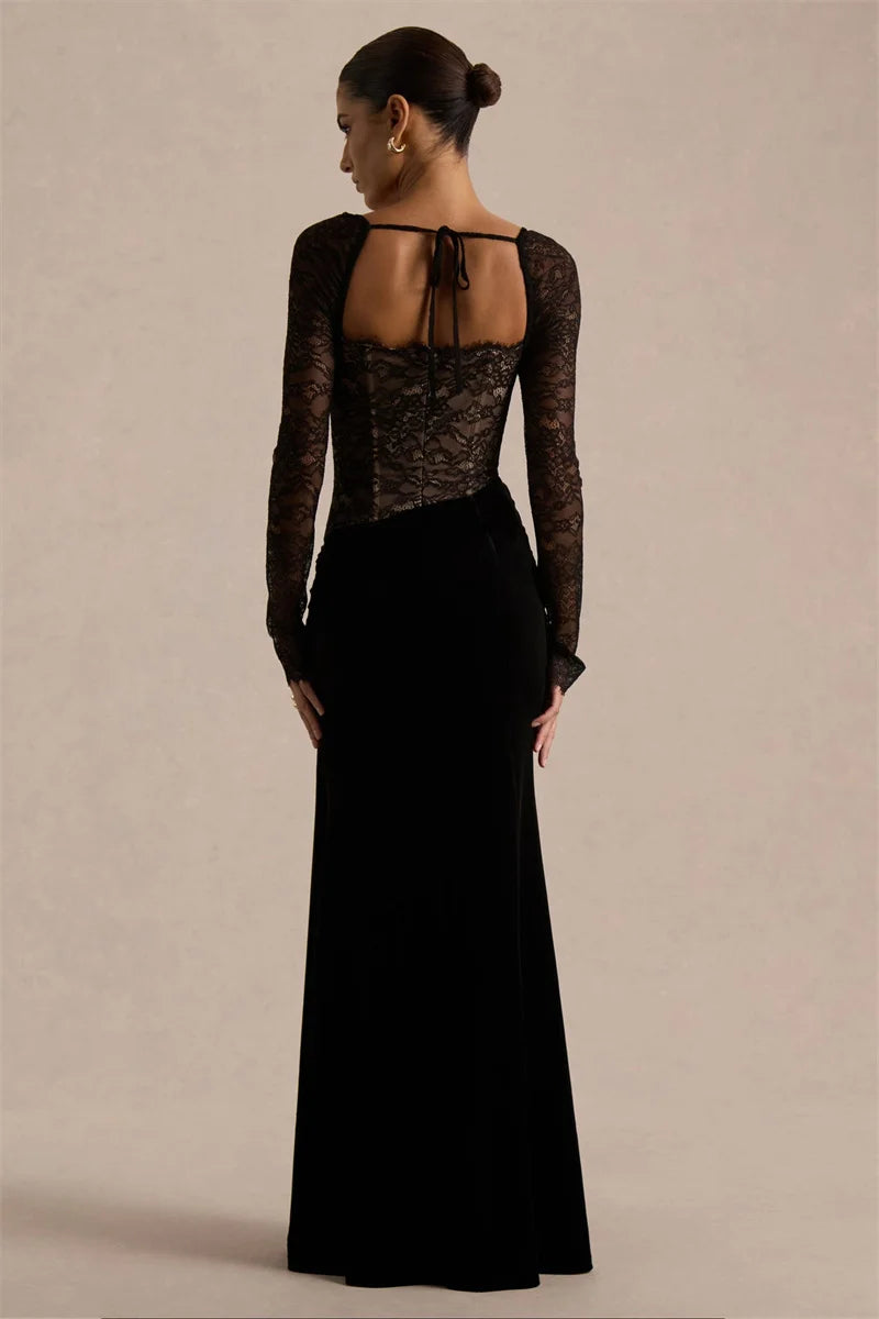 Damen Maxikleid mit Spitzenoberteil und Schlitzrock-Maxi Dress-Alpenkind