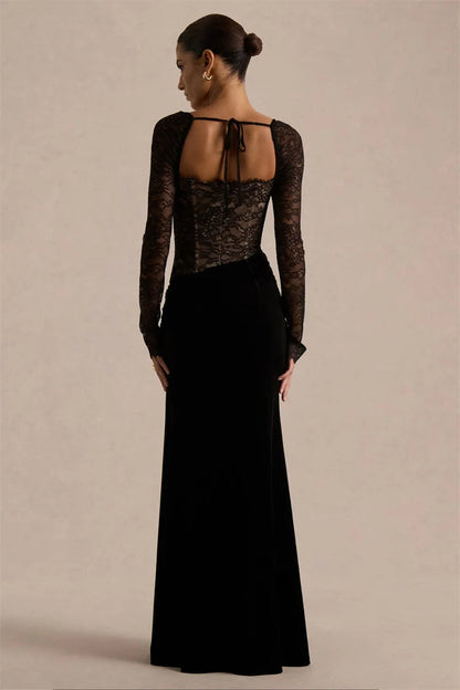 Damen Maxikleid mit Spitzenoberteil und Schlitzrock-Maxi Dress-Alpenkind
