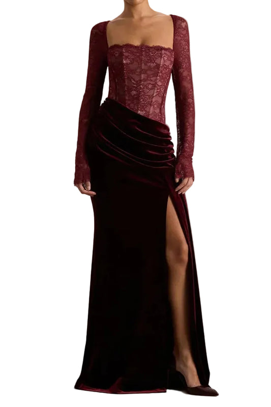 Damen Maxikleid mit Spitzenoberteil und Schlitzrock-Maxi Dress-Alpenkind