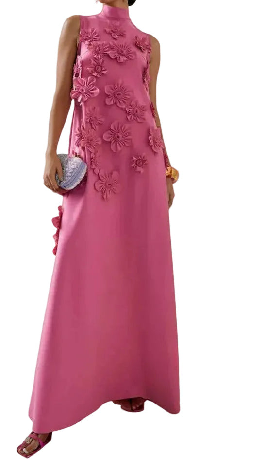 Damen Maxikleid mit Stehkragen und Blumenapplikationen-Maxi Dress-Alpenkind
