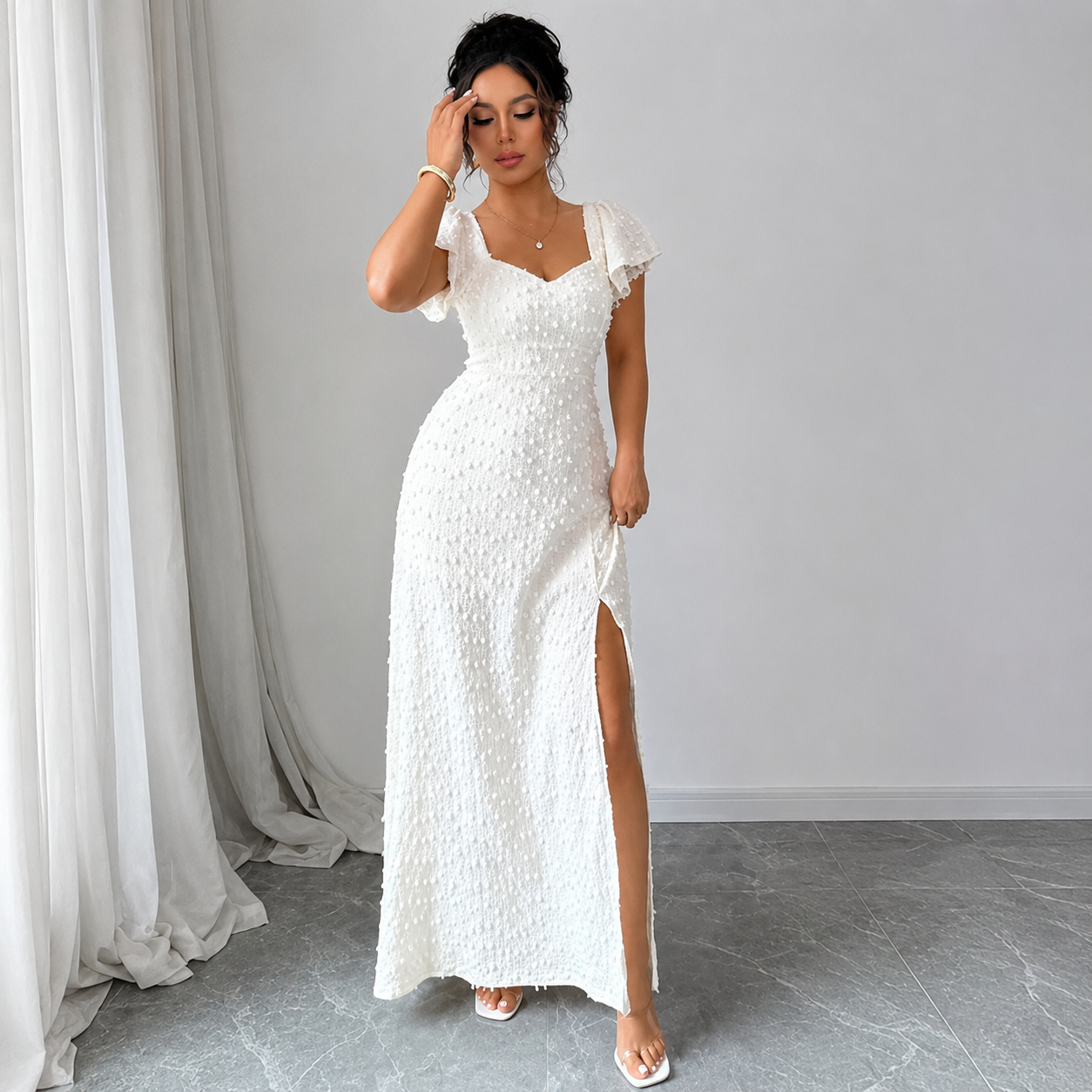Damen Maxikleid mit Strukturmuster und Frontschlitz-Maxi Dress-Alpenkind