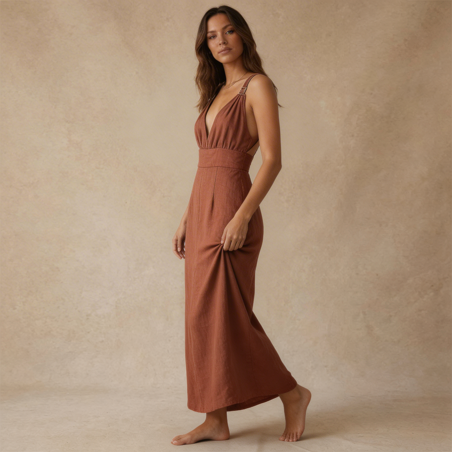Damen Maxikleid mit Tiefem V-Ausschnitt-Maxi Dress-Alpenkind