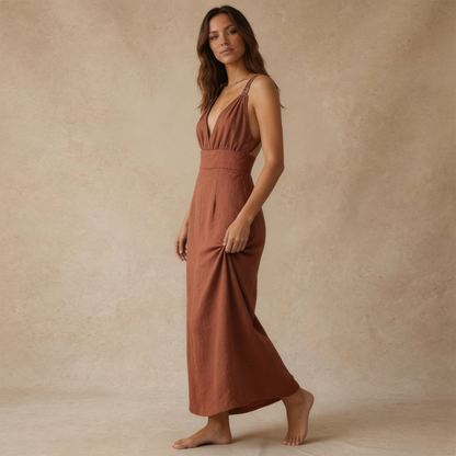 Damen Maxikleid mit Tiefem V-Ausschnitt-Maxi Dress-Alpenkind
