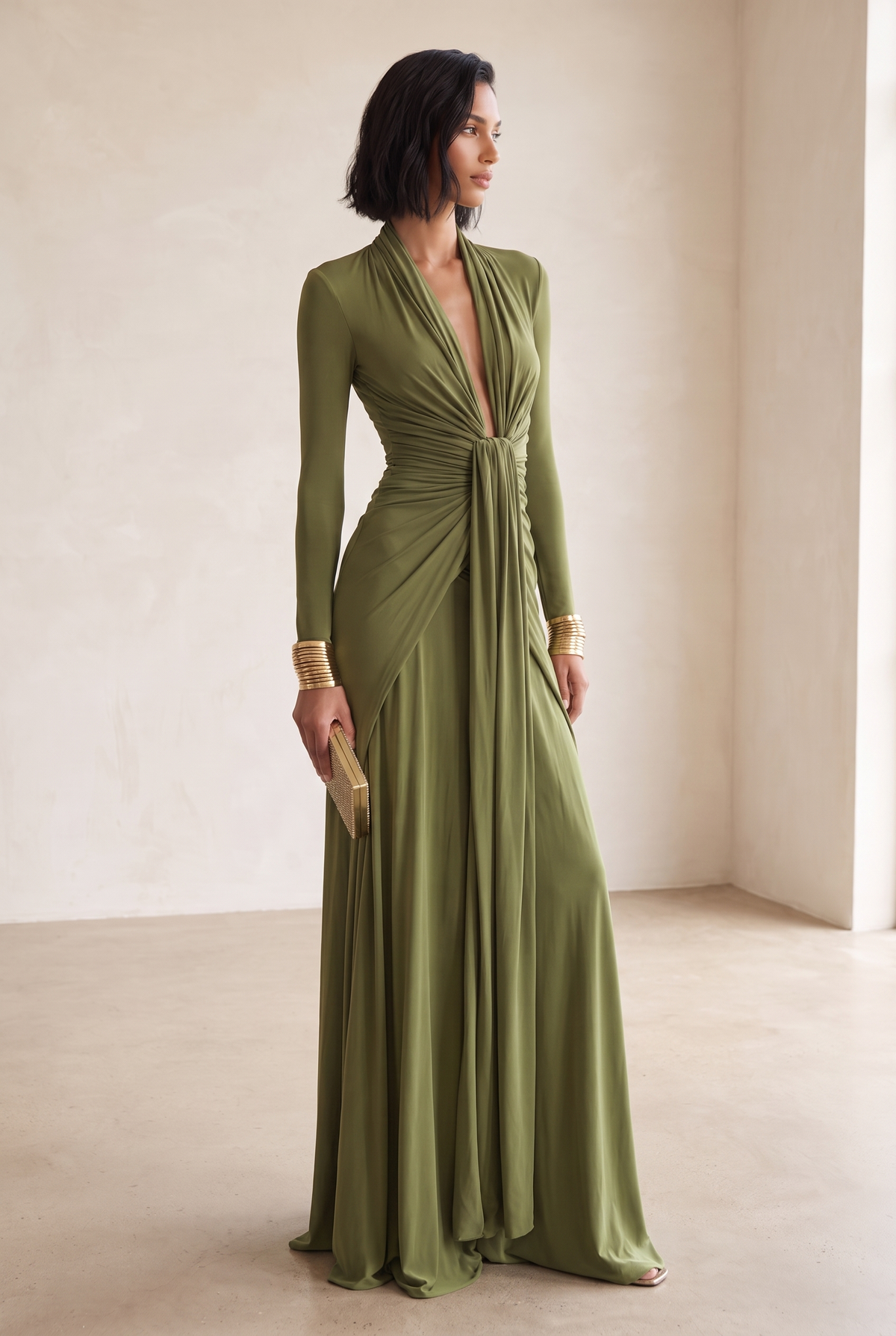 Damen-Maxikleid mit tiefem V-Ausschnitt und geraffter Vorderseite-Maxi Dress-Alpenkind